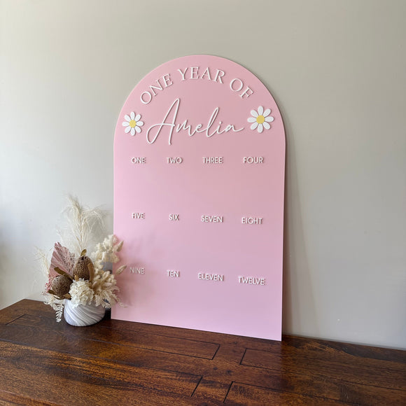 One Year of… Acrylic Photo board + acrylic text (floral)