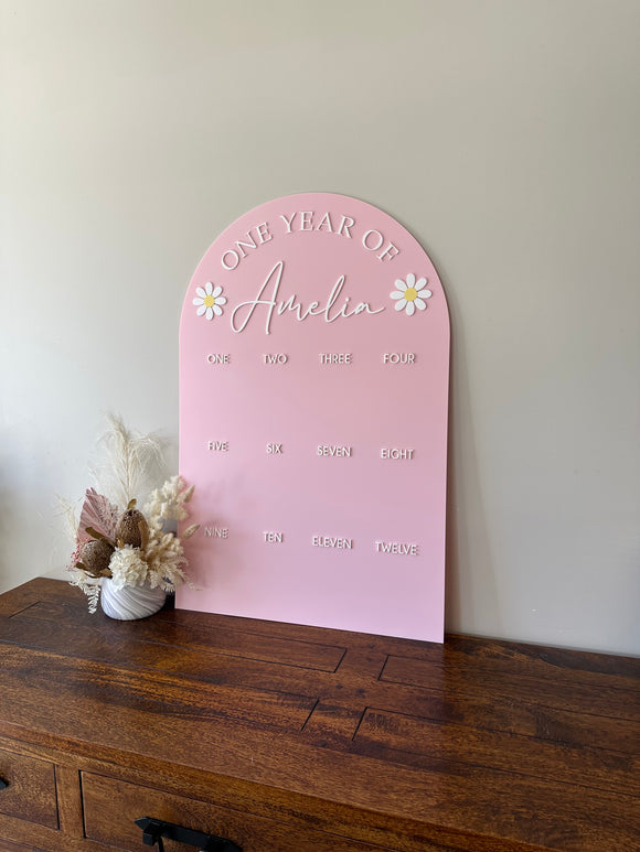 One Year of… Acrylic Photo board + acrylic text (floral)