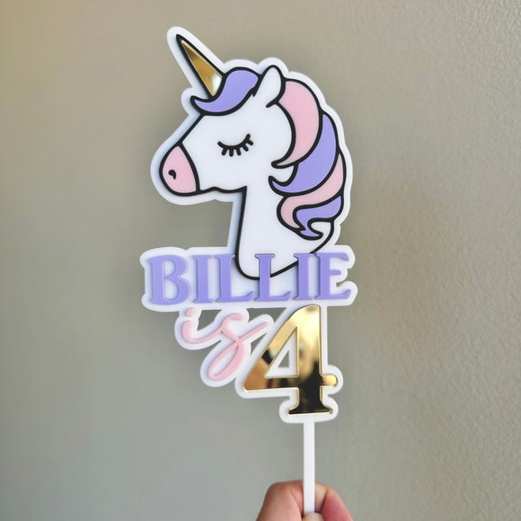 Unicorn head Cake topper with name and age (5 colour)