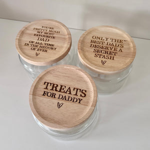 Glass Jar with wooden engraved lid (fathers day style)