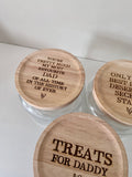 Glass Jar with wooden engraved lid (fathers day style)