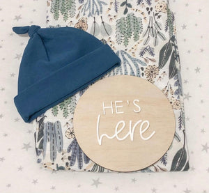 He’s/She’s here Pine + acrylic plaque