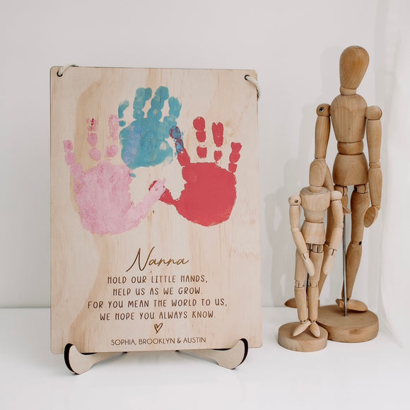 Handprint plaque hanging or standing (custom name)